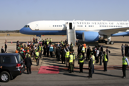 Part of security and dignitories welcome United States Secretary of State Hilary Clinton when she arrived in Zambia at Lusaka international airport. Part of security and dignitories welcome United States Secretary of State Hilary Clinton when she arrived in Zambia at Lusaka international airport.