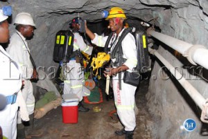 NCHANGA Mine rescure Team B Captain Jonathan Kolala inspects air underground during the Zambia Mine Rescure Association competetion at Namundwe Mine