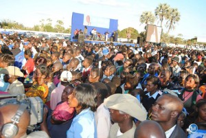 President Rupiah Banda waves to the crowd after addressing a public rally at Maramba Stadium in Livingstone