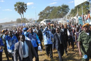 President Rupiah Banda waves to the crowd after addressing a public rally at Maramba Stadium in Livingstone1