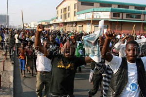 Members of the public walk through Freedom way as a way of celebrating the election of President Michael Sata in Lusaka