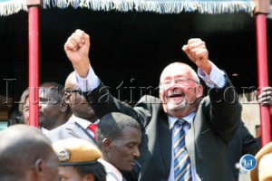 Patriotic Front Vice President Guy Scott waves to members of the public at the inauguration of President Michael Sata