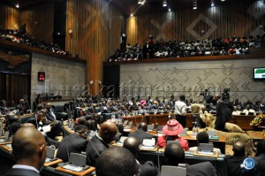 Members of Parliament listen to President Sata's speech.