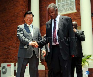 President Sata with Chinese Ambassador to Zambia Zhou Yuxiao oitside State House