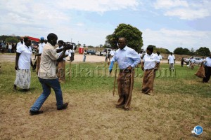 Western Province Minister Nathaniel Mubukwanu doing a sack race during the launch of the (SADC) and Integrated Campaign on Malaria, Maternal, Newborn Child Health Nutrition week at Mongu Independence Stadium in Mongu