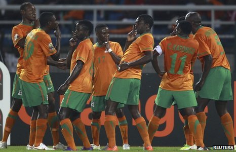 "Ssshhh..DONCHI KUBEBA" ..Chipollopolo boys celebrating Mayuka's opening goal- Picture by Reuters "Ssshhh..DONCHI KUBEBA" ..Chipollopolo boys celebrating Mayuka's opening goal- Picture by Reuters