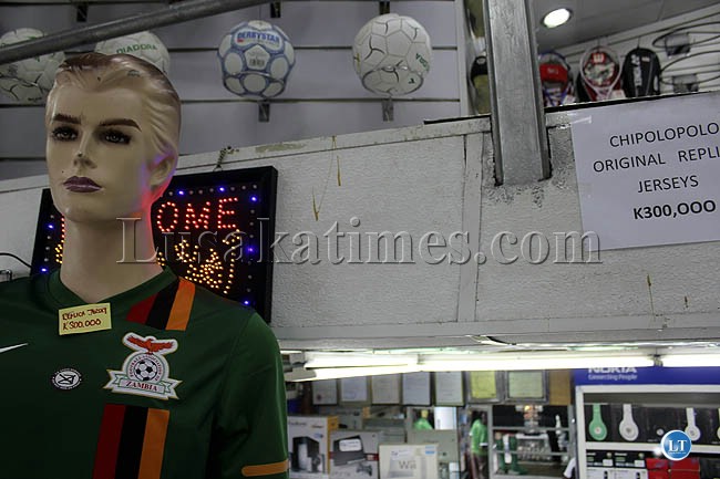 Zambia national soccer team replica jerseys, memorabilia, paraphinalia and other objects on display for sale in Lusaka.