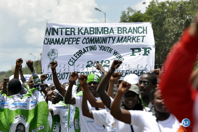 Patrotic Front youths during the Youth day march past in Lusaka Patrotic Front youths during the Youth day march past in Lusaka