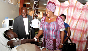 FIRST Lady Christine Kaseba greats Robiana Muteka when she visited him at the University Teaching Hospital. Standing next to her is UTH managing director Lackson Kasonka FIRST Lady Christine Kaseba greats Robiana Muteka when she visited him at the University Teaching Hospital. Standing next to her is UTH managing director Lackson Kasonka