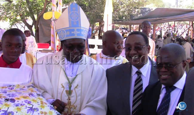 FILE: Defence Minister Geoffrey Mwamba, Energy Minister Christopher Yaluma (right) and Kasama Archbishop Ignatius Chama second (left) at the ordination ceremony at St. Johns Cathedral Catholic Church in Kasama.