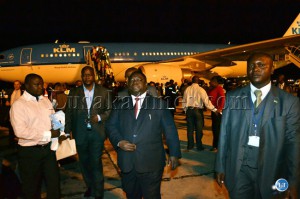 Transport, Works, Supply and Communications Minister Yamfwa Mukanga  after the arrival aboard the first Royal Dutch airline KLM flight between Amsterdam and Lusaka at Kenneth Kaunda International Airport.