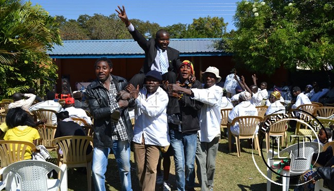 National Revolution Party (NRP) president elect Cozmo Mumba lifted shoulder high by his supporters after winning the party presidence at a convention held in Lusaka