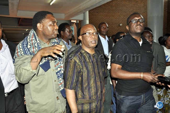 UPND president Hakainde Hichilema and MMD leader Nevers Mumba after Hichilema's court appearance