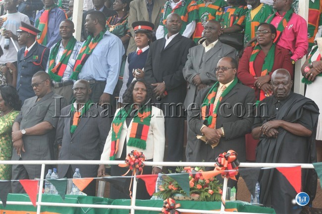 Above, from left to right is North-Western province Patriotic Front (PF) chairperson Fabian Chiposo,provincial minister Josephine Limata, provincial permanent secretary Augustine Seyuba and a freedom fighter Bwanga Wisamba during the celebrations at Solwezi stadium in Solwezi. Above, from left to right is North-Western province Patriotic Front (PF) chairperson Fabian Chiposo,provincial minister Josephine Limata, provincial permanent secretary Augustine Seyuba and a freedom fighter Bwanga Wisamba during the celebrations at Solwezi stadium in Solwezi.