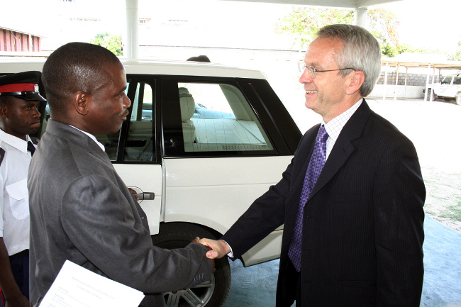 British High Commissioner to Zambia James Thornton is welcomed by Western Province Acting Deputy Permanent Secretary Pius Mishengo when he visited the provincial administration in Mongu British High Commissioner to Zambia James Thornton is welcomed by Western Province Acting Deputy Permanent Secretary Pius Mishengo when he visited the provincial administration in Mongu