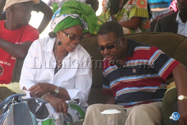 Tourism minister Sylvia Masebo and PF General secretary Wynter Kabimba chatting during a rally in Mufumbwe