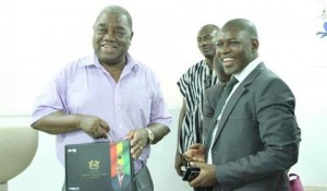 Former President of Zambia, Rupiah Banda with Chief Executive of RLG, Roland Agambire 