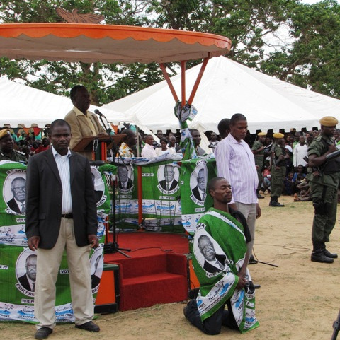 President Sata during the by election in Mufumbwe presenting the PF candidate Stephen Masumba