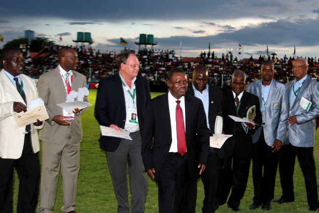 Acting Vice President Wynter Kabimba with Southern Africa team leaders after they received certificates at the official opening of the Supreme Council for Sports in Africa (SCSA) Zone 6 games at Nkoloma stadium in Lusaka yesterday Acting Vice President Wynter Kabimba with Southern Africa team leaders after they received certificates at the official opening of the Supreme Council for Sports in Africa (SCSA) Zone 6 games at Nkoloma stadium in Lusaka yesterday