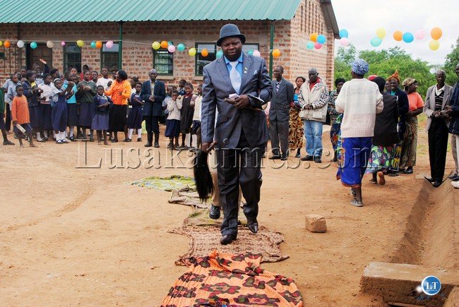 CHIEF Chamuka of the Lenje-speaking of Chibombo District arrives at Nkonje Community School on Wednesday to witness its handove CHIEF Chamuka of the Lenje-speaking of Chibombo District arrives at Nkonje Community School on Wednesday to witness its handove