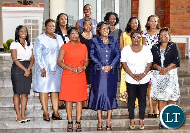 Firsrt Lady Dr Christine Kaseba with members of the Alchemy Women in Leadership at State House. This was after she was interviewed by the Alchemist for the Alchemy Women in Leadership magazine on Jan 11,2013 -Picture by THOMAS NSAMA