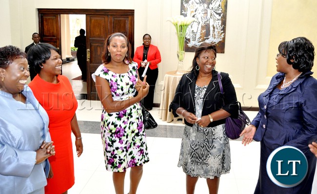 Firsrt Lady Dr Christine Kaseba with members of the Alchemy Women in Leadership (l-r) Pixie Yangailo, Kondwa Sakala-Chibiya, Jaccqueline Folotiya and Beatrice Nkanza shortly after she was interviewed by the Alchemist for the Alchemy Women in Leadership magazine -Picture by THOMAS NSAMA