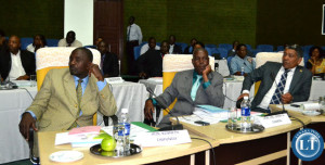 Rufunsa MP Kenneth Chipungu, Kanyama MP Gerry Chanda and Kabwata MP Given Lubinda follow the proceedings of the Constitution meeting at Mulungushi International Conference Centre in Lusaka