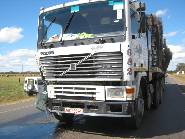 The foreign truck which was hit into by a speeding minibus after a tyre burst