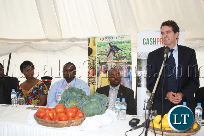 UNITED States Agency for International Development (USAID) Deputy Mission Director, Ryan Washburn, speaking during the official launch of the Commercial Agribusiness for Sustainable Agriculture (CASH) project in Chipata yesterday. On his right are Eastern Province Minister, Malozo Sichone, Chipata District Commissioner, Kalunga Zulu and regional Assistant Secretary, Agness Chinyama