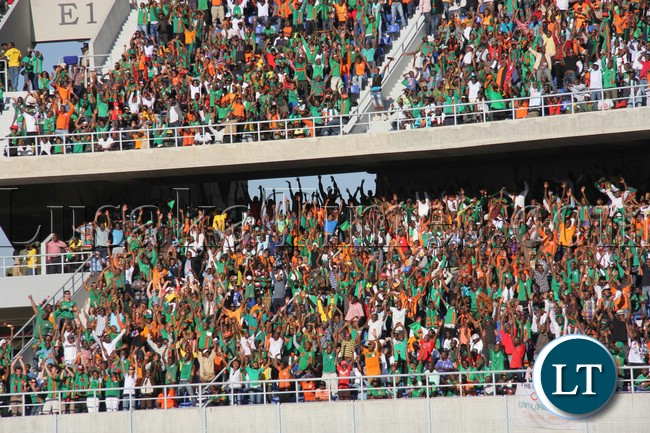 Crowds at the Zambia Vs Lesotho match held at the Levy Mwanawasa Stadium