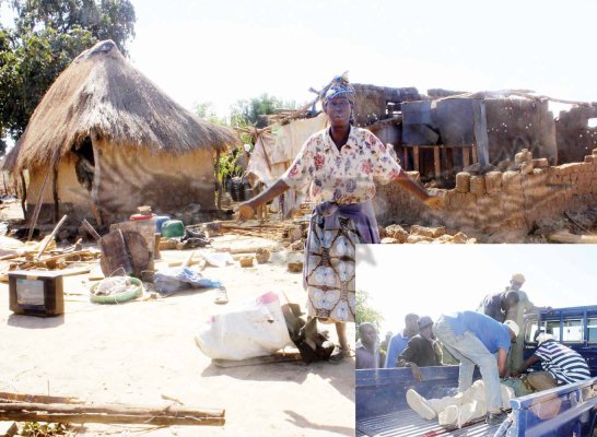 ELINA Ngandu one of the residents who’s house was allegedly raided by Zambia National Service officers in Lusaka’s Kampasa area. INSET: Police remove the body of a victim of yesterday’s shooting in Lusaka’s Kampasa area