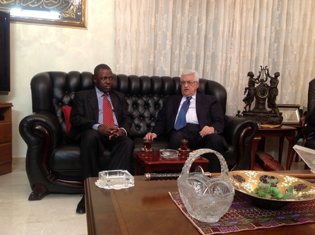 The PF Secretary General Wynter Kabimba in Palestine as a special emissary for President Sata held high level meetings with leaders of the ruling Palestine National Liberation Movement (Fatah).Here Kabimba meets Palestine president Mahmoud Abba and some senior ministers in the Palestinian government.