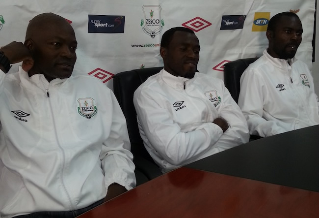 L to R: Zesco United coach Tenant Chembo, striker Winston Kalengo and midfielder Maybin Mwaba at the club's weekly press briefing ahead of their game against Nkana this Saturday in Ndola.