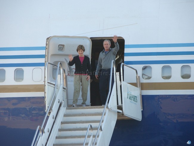 Former President of the United States of America, George W. Bush and his wife Laura, upon Arrival at Harry Mwaanga Nkumbula International Airport in Livingstone They were on a private visit in support of the Pink Ribbon Red Ribbon initiative that expands critically needed cervical and breast cancer interventions