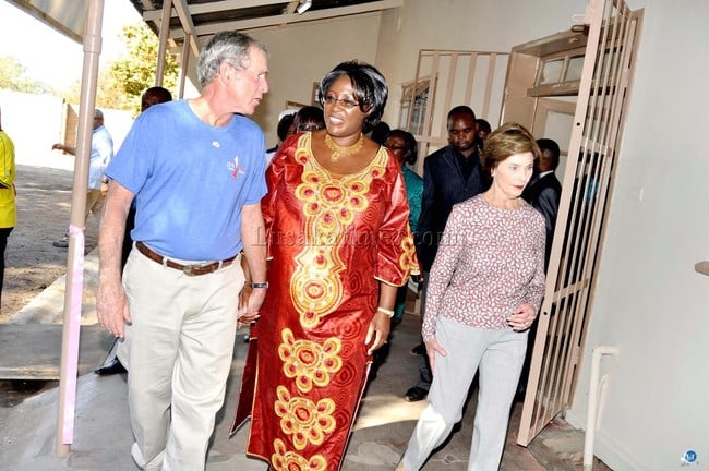 First Lady Dr Christine Kaseba with George Bush and Laura Bush after the opening of the Refurbished Mosi-O-tunia Health Centre in Livingstone on July 1,2013-Picture by THOMAS NSAMA
