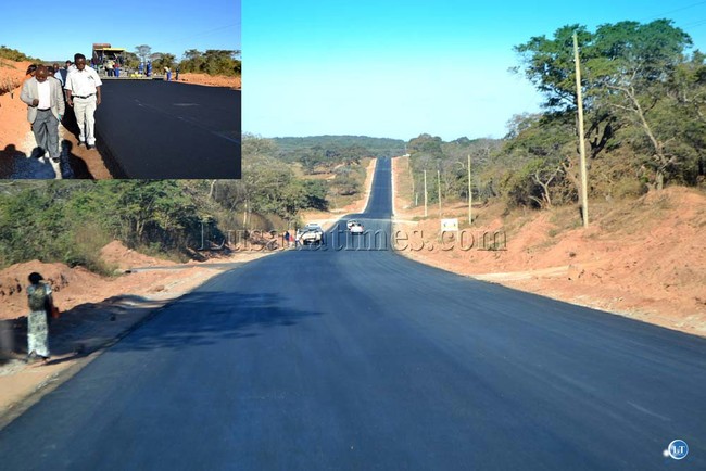 Works on the 40km Leopards Hill - Chiawa road have reached an advanced stage with almost 20 km of the road opened up to traffic. Above a paret of the road that has been opened up to motorists, (Insert) Road Developent Agency (RDA) Director Eng Bernard Chiwala with Journalists and RDA staff inspect the road on Monday this week