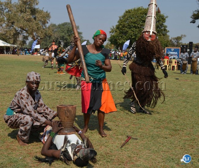Performers from the Livingstone-based Zambia National Dance Troupe showcasing their skills during the Livingstone arts and cultural festival at Livingstone Golf Club last Saturday in readiness for the UNWTO general assembly.