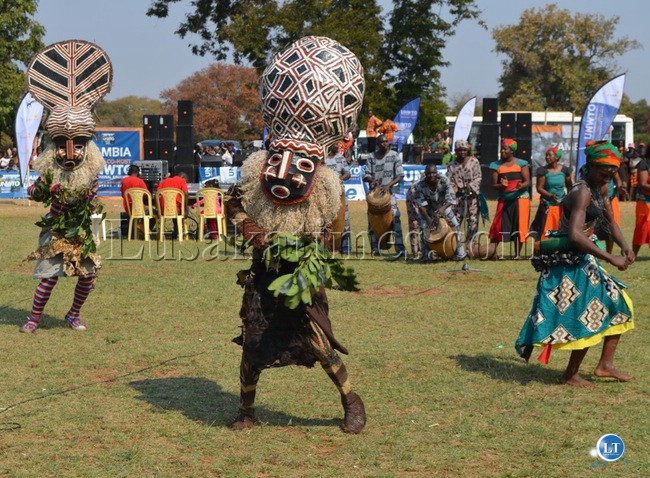 Performers from the Livingstone-based Zambia National Dance Troupe showcasing their skills during the Livingstone arts and cultural festival at Livingstone Golf Club last Saturday in readiness for the UNWTO general assembly.