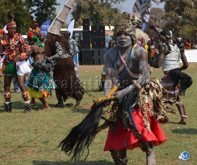 Performers from the Livingstone-based Zambia National Dance Troupe showcasing their skills during the Livingstone arts and cultural festival at Livingstone Golf Club last Saturday in readiness for the UNWTO general assembly.