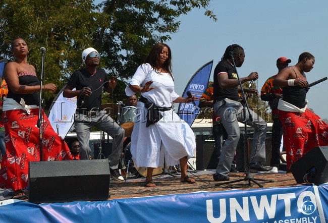 Members of the Amayenge Band performing during the Livingstone arts and cultural festival at Livingstone Golf Club last Saturday in readiness for the UNWTO general assembly.