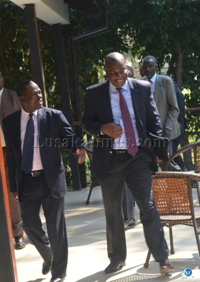 Justice Minister Wynter Kabimba (left) and LAZ president James Banda (right) outside Protea Hotel in Livingstone during the opening of the 7th annual State Advocates workshop