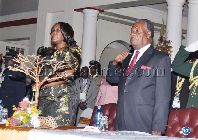 President Michael Sata with First Lady Dr Christine Kaseba during the official opening of the 20th Session of the UNWTO General Assembly at Victoria Falls Hotel in Zimbabwe on August 25,2013 -Picture and by THOMAS NSAMA