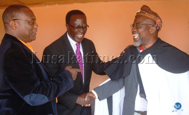 NEWLY Appointed Luapula Province Permanent Secretary Chanda Kasolo, Builile Traditional Ceremony Chairman Senior Headman Natende walushiba also known as Dr. Katele Kalumba and Luapula Province Minister Benson Kapaya shares a light moment during the Builile ceremony in Chienge District over the weekend