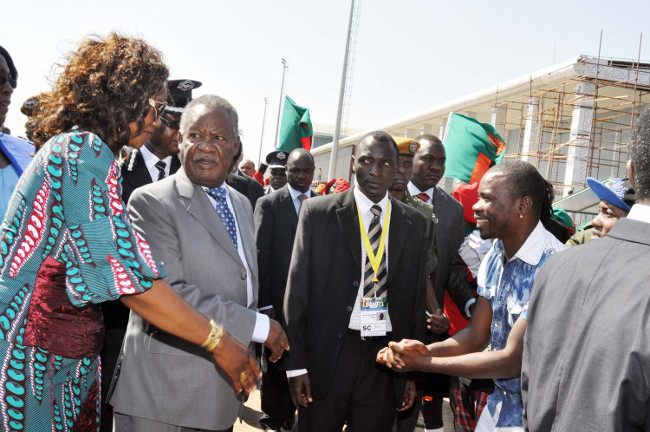 President Michael Sata with Tourism minister Sylvia Masebo and Dandy Krazy on Arrival at Harry Mwaanga Nkumbula International Airport for the opening of the UNWTO 20th General Assembly in Livingstone. Looking on are Vice-President's Spouse and Southern Province minister Daniel Mukombwe -Picture by THOMAS NSAMA