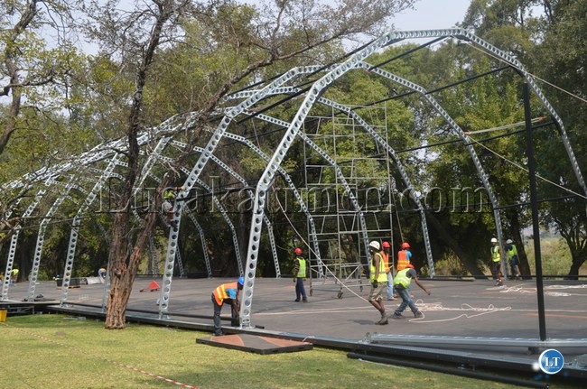 Construction of the temporal official conference centre which will host the 20th session of the 2013 United Nations World Tourism Organisation (UNWTO) General Assembly at Royal Livingstone Hotel has started. Above, some workers assembling the state-of-the-art facility which would have a capacity to accommodate about 1, 100 delegates.