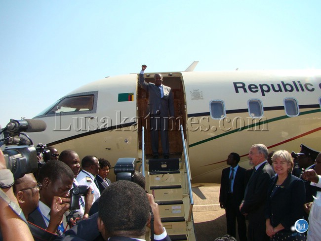 President Michael Sata upon arrival at Harry Mwaanga Nkumbula International Airport in Livingstone yesterday. On the left to receive him is Vice President Guy Scott and wife Charlotte.