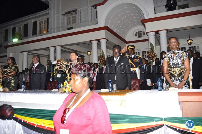President Michael Sata with First Lady Dr Christine Kaseba, UNWTO Secretary General Taleb Rifai, Zimbabwean President Robert Mugabe and Zimbabwean First Lady Grace Mugabe during the official opening of the 20th Session of the UNWTO General Assembly at Victoria Falls Hotel in Zimbabwe on August 25,2013 -Picture and caption by THOMAS NSAMA