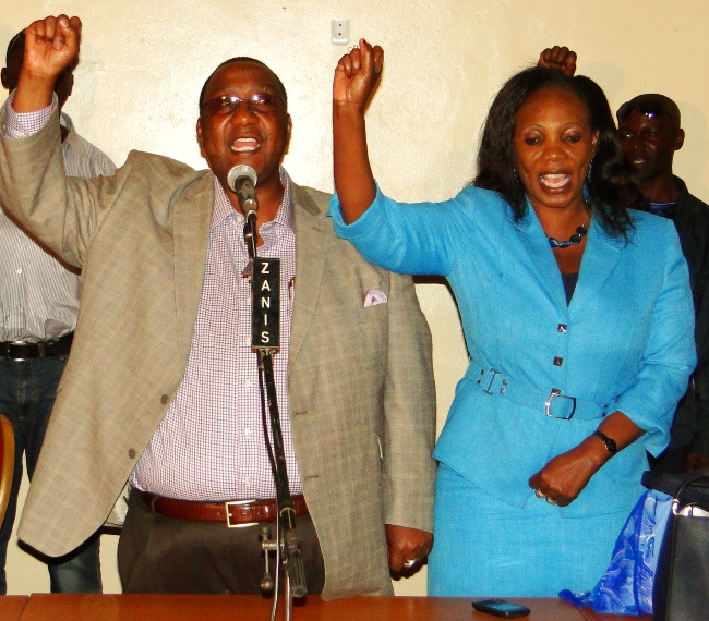 KASAMA Central Member of Parliament (MP) Geoffrey Bwalya Mwamba (GBM) (left) and his wife Chama Mwamba (right) in blue when President Michael Sata was endorsed as Presidential candidate at Northern Provincial Conference hall in Kasama