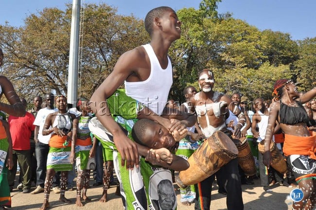 Traditional Dancers from Kasama entertaining delegates shortly before President Michael Sata arrived at Harry Mwaanga Nkumbula International Airport for the opening of the UNWTO 20th General Assembly -Picture and caption by THOMAS NSAMA