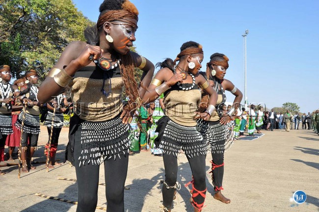 Traditional Dancers entertaining delegates shortly before President Michael Sata arrived at Harry Mwaanga Nkumbula International Airport for the opening of the UNWTO 20th General Assembly -Picture and caption by THOMAS NSAMA